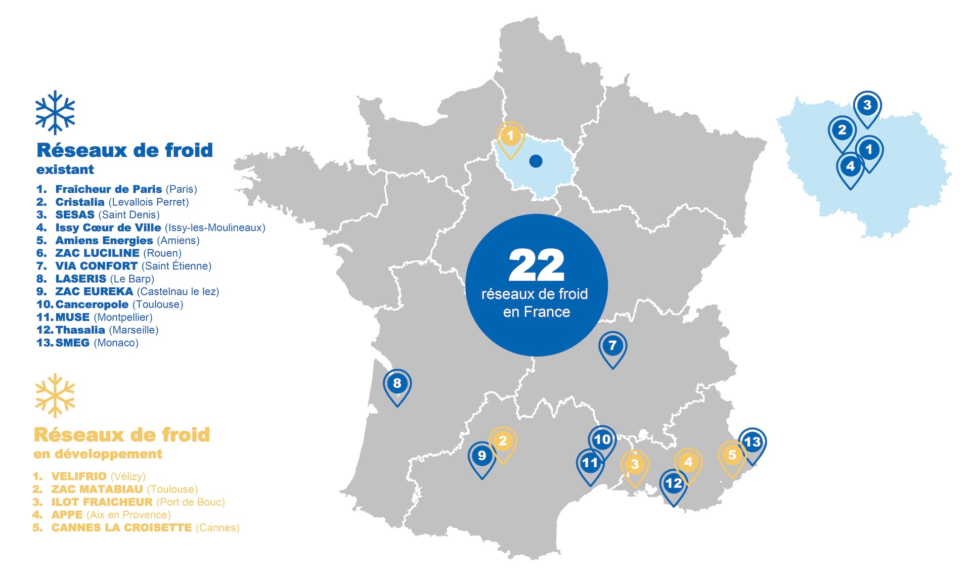 Carte du réseaux de froid existant en France