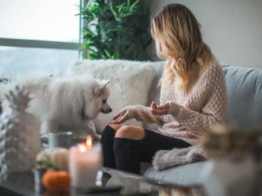 Sobriété-Habitat-Chauffage_Chien-Femme-Salon